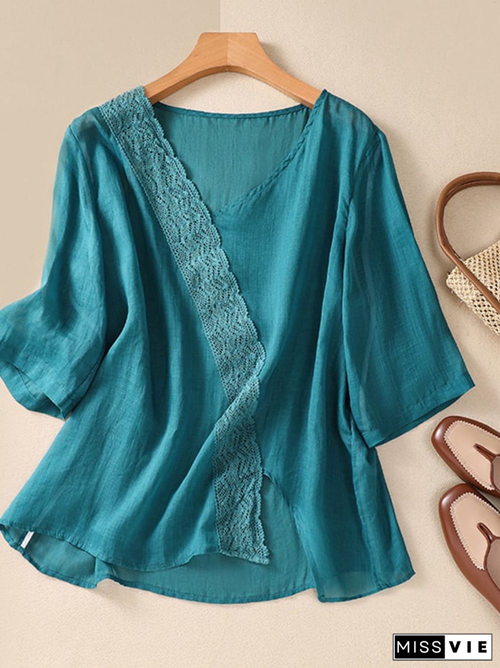 Fashion Lace V-Neck Cotton Linen Shirt