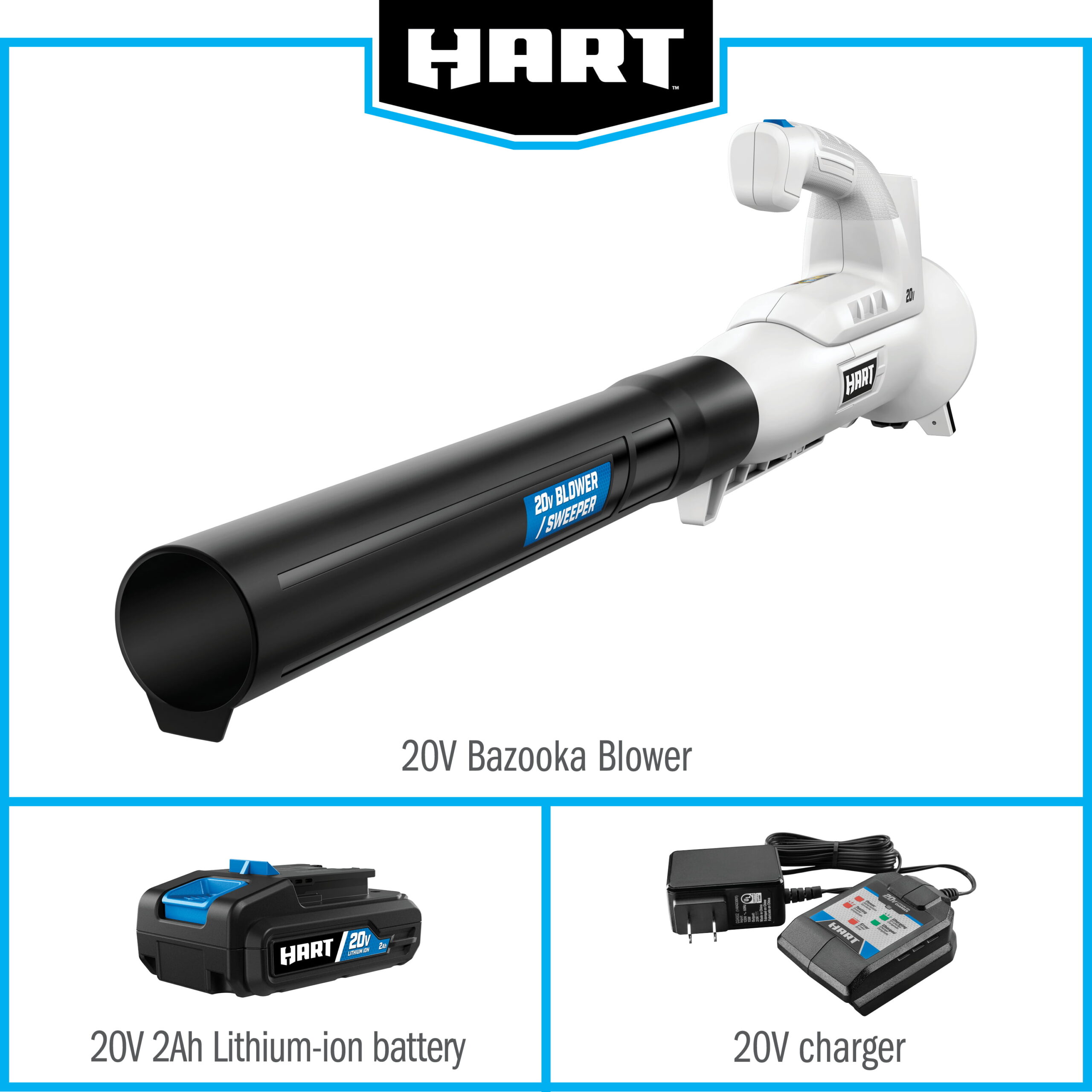 Hart 20-Volt 200 CFM Bazooka Blower Kit， (1) 20-Volt 2Ah Lithium-Ion Battery and Charger