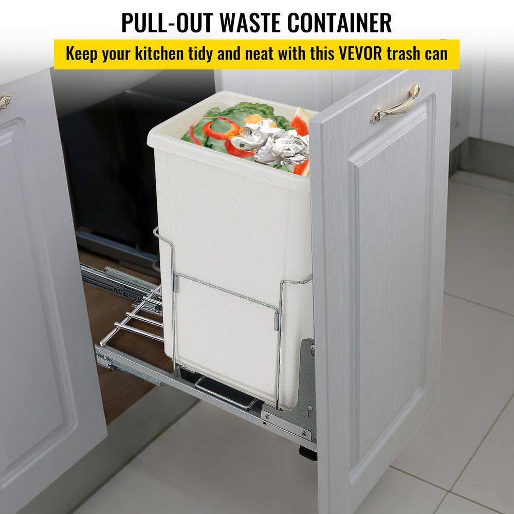 VEVOR 9 Gal. Pull-Out Trash Can 33 lbs. Load Capacity 1 Bin Under Mount Kitchen Waste Container with Soft-Close Slides White CJLMSTLLJT35LR2DGV0