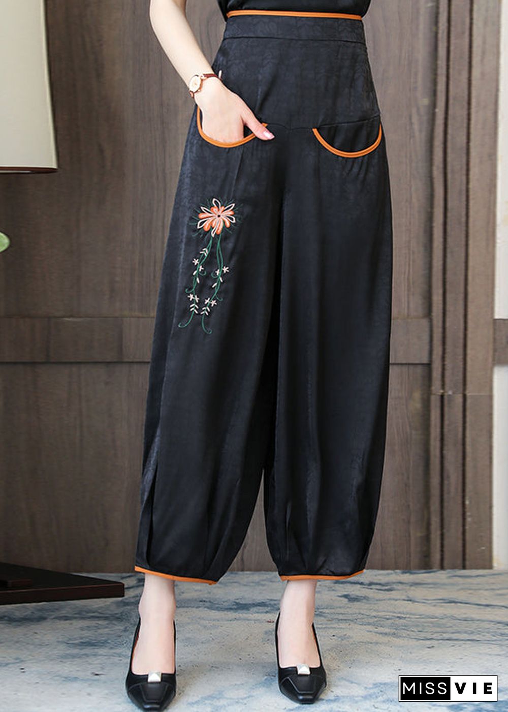 Handmade Black Embroidered Floral Silk Lantern Pants