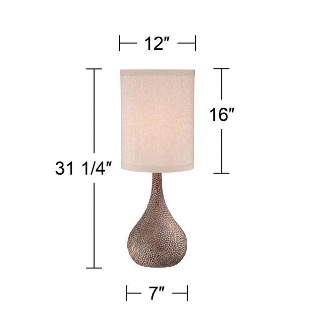 Tall Antique Bronze Hammered Gourd Natural Linen Cylinder Shade For Bedroom Living Room Bedside Office