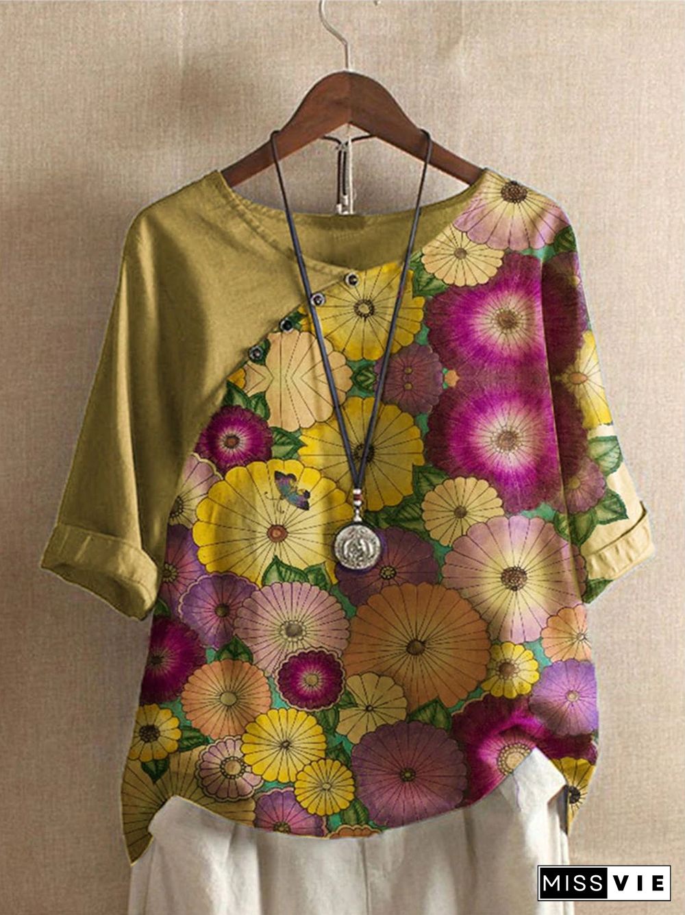 Khaki Vintage Floral Linen Floral-Print Shirts & Tops