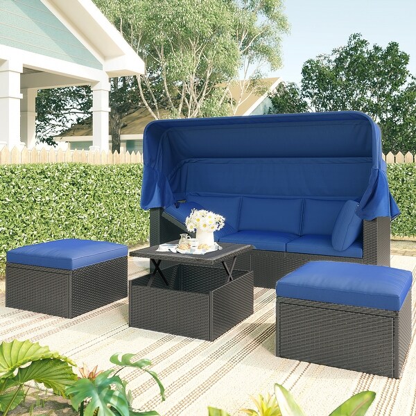 Roomfitters Outdoor Patio Rectangle Daybed with Retractable Canopy，Wicker Sectional Seating with Washable Cushions