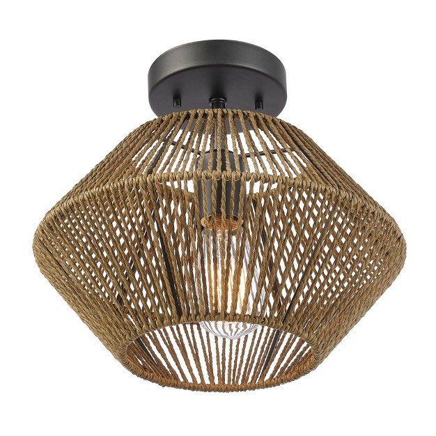 Terra 1 light Matte Black Flush Mount Ceiling Light With Natural Twine Shade Globe Electric