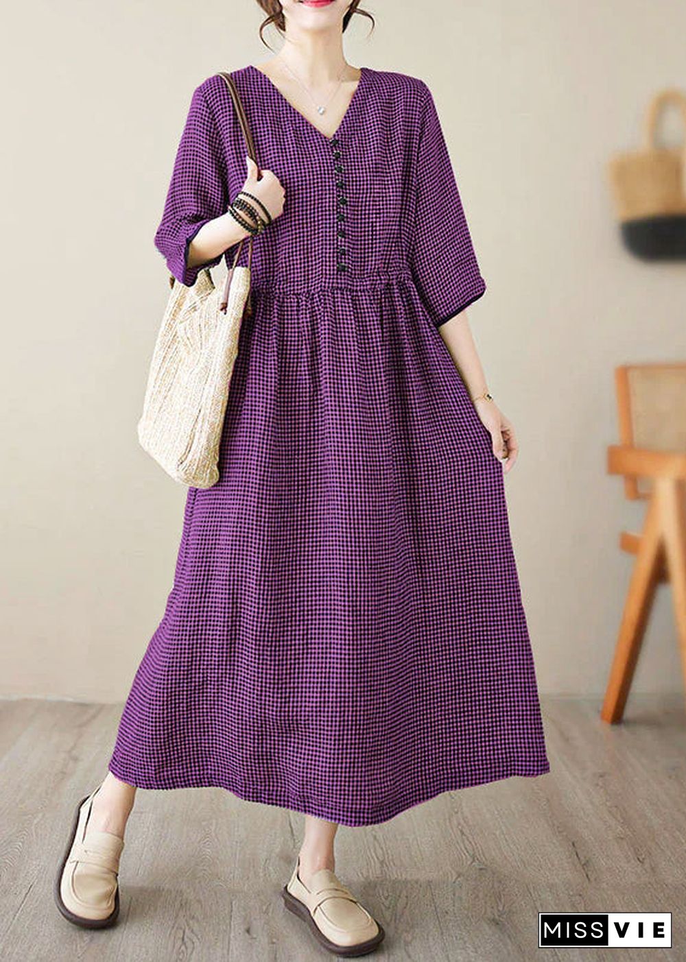 Chic wine red V Neck Plaid Patchwork Button Linen Maxi Dresses Summer