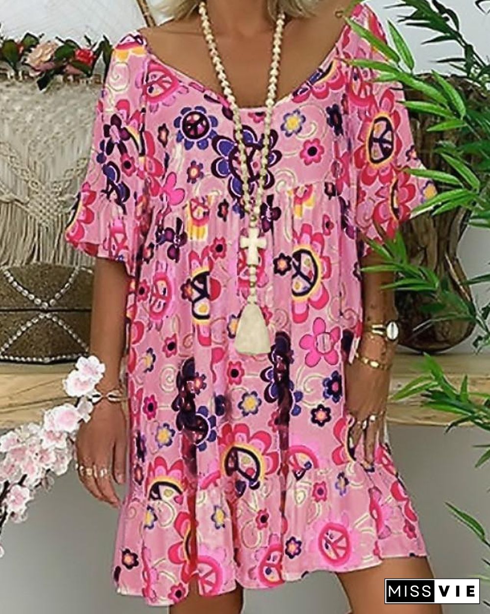 Women's Tunic Knee Length Dress - Short Sleeve Floral Print Summer Basic Hot White Blue Red Light Blue M L XL XXL 3XL 4XL 5XL-0218817