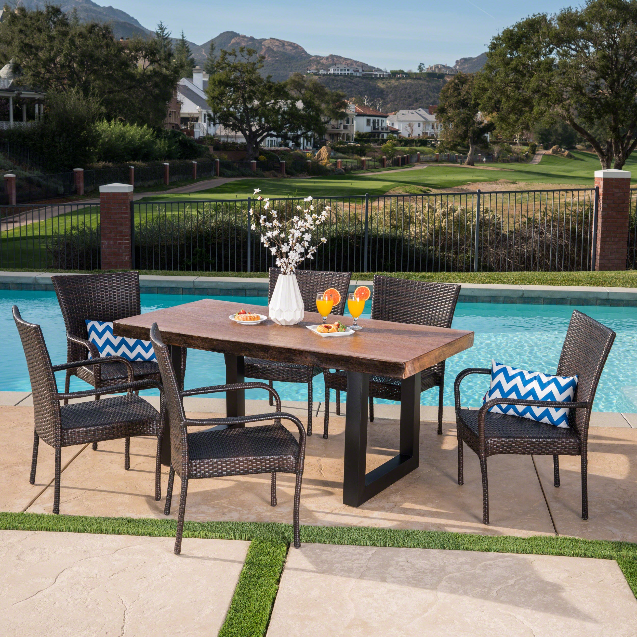 Fern Outdoor 7 Piece Stacking Multi-brown Wicker and Concrete Dining Set