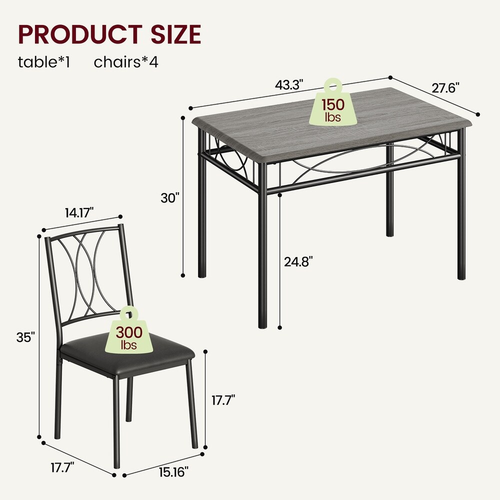 Industrial Dining Table Set with 4 Upholstered Chairs for Apartment Small Kitchen   Grey