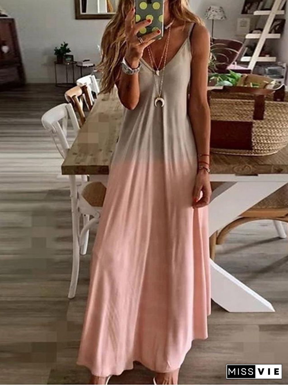 Women's Strap Dress Maxi long Dress Sleeveless Color Gradient Summer