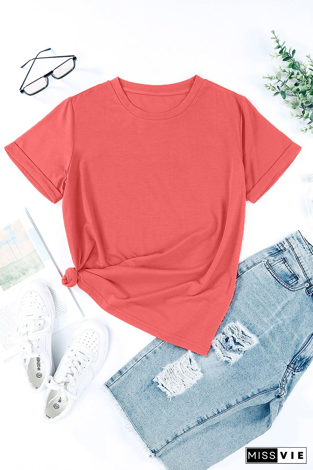 Red Solid Color Crew Neck Tee
