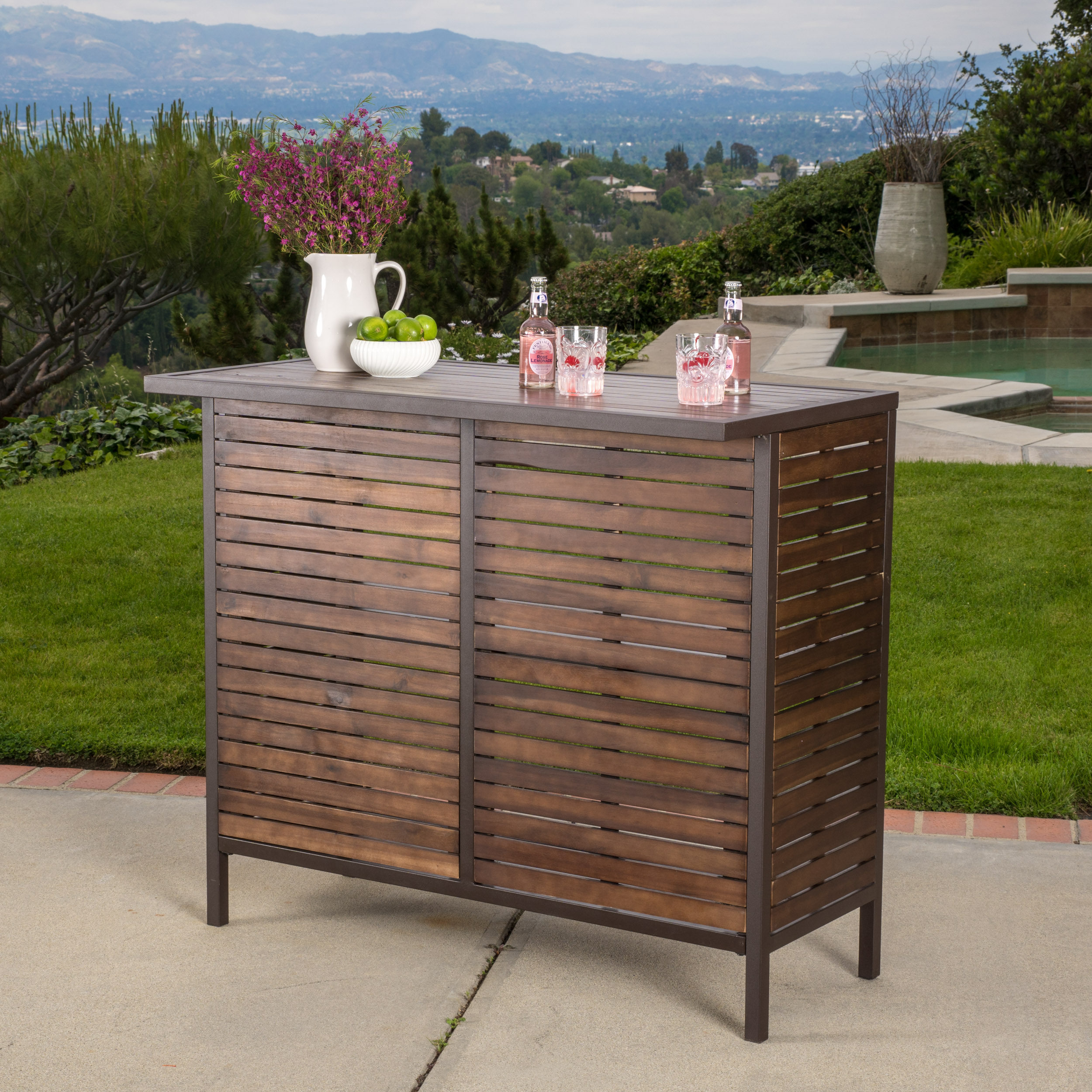 Ellis Outdoor 3 Piece Acacia Wood Bar Set， Dark Brown