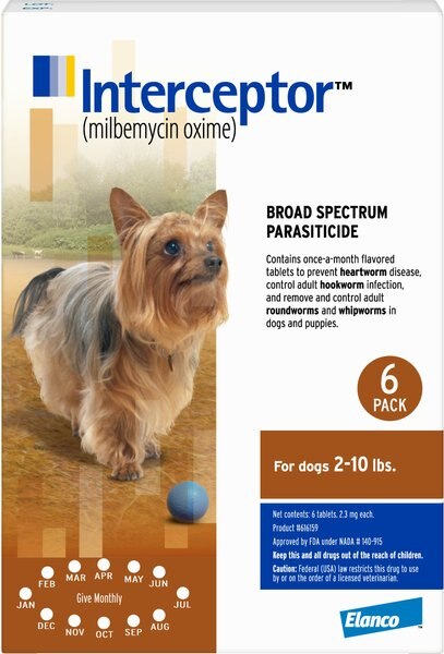 Interceptor Chewable Tablet for Dogs， 2-10 lbs， (Brown Box)