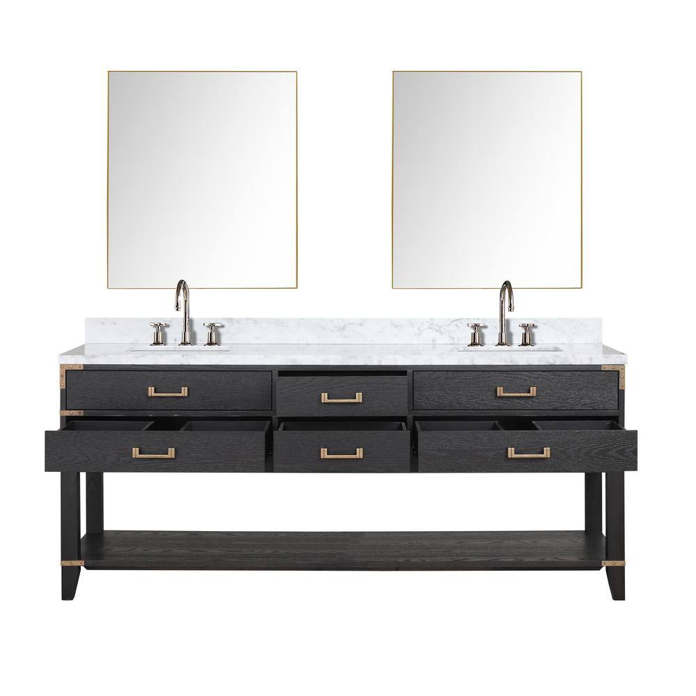 Lexora Irvington 80 in W x 22 in D Black Oak Double Bath Vanity Carrara Marble Top Faucet Set and 36 in Mirrors LVI80DJ111