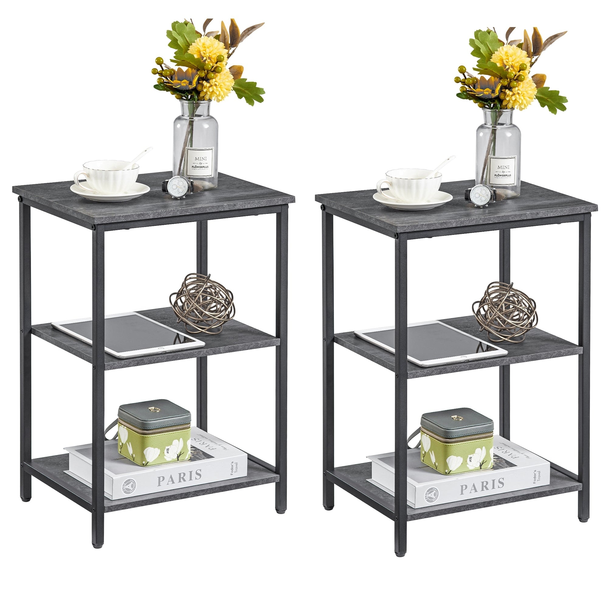 Set of 2 End Table With Wood Storage Shelf， 3-Tier Bedside Sofa Side End Table Storage Display Shelf