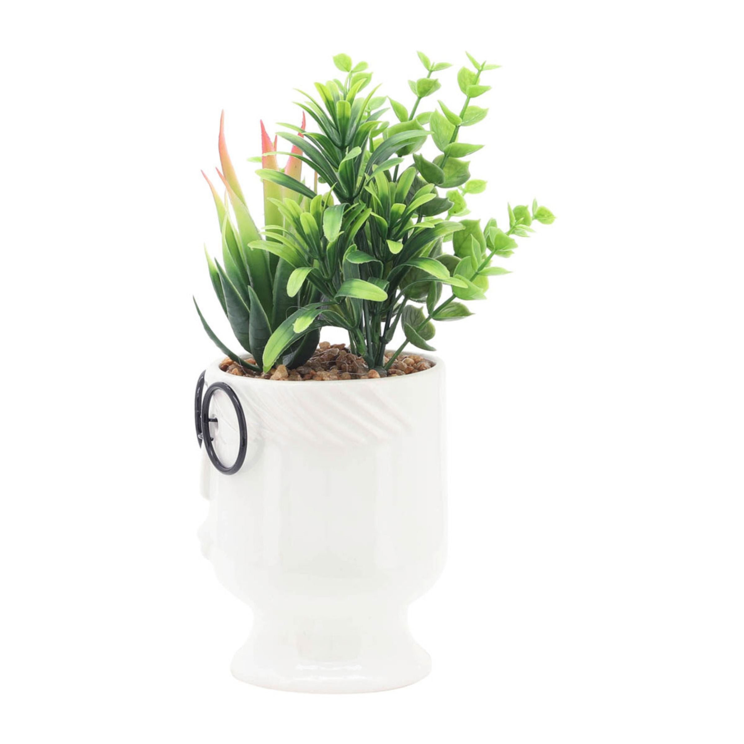 Face Ceramic Planter With Artificial Plants 10 Cm - White 16971-01