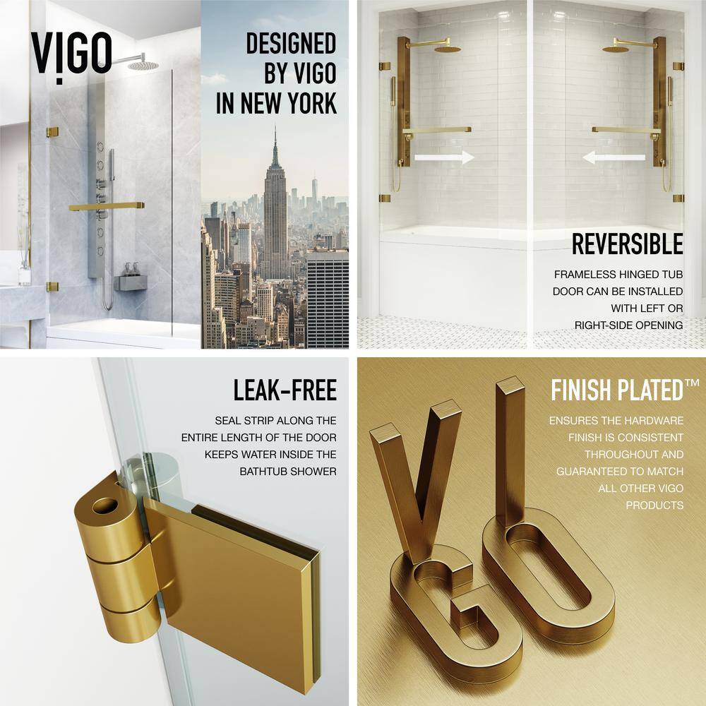 VIGO Rialto 34 in. W x 58 in. H Pivot Frameless Tub Door in Matte Brushed Gold with 516 in. (8mm) Clear Glass VG6074MGCL3458