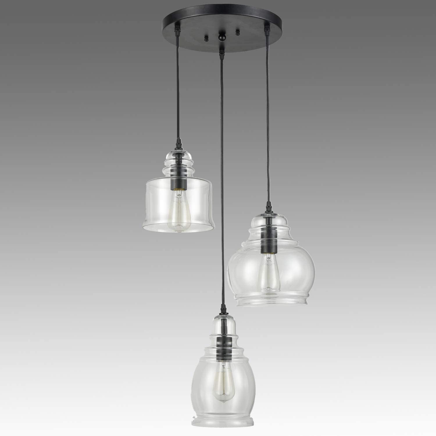 Claxy Glass Light 3-Light Black Industrial Clear Glass Jar Pendant Light