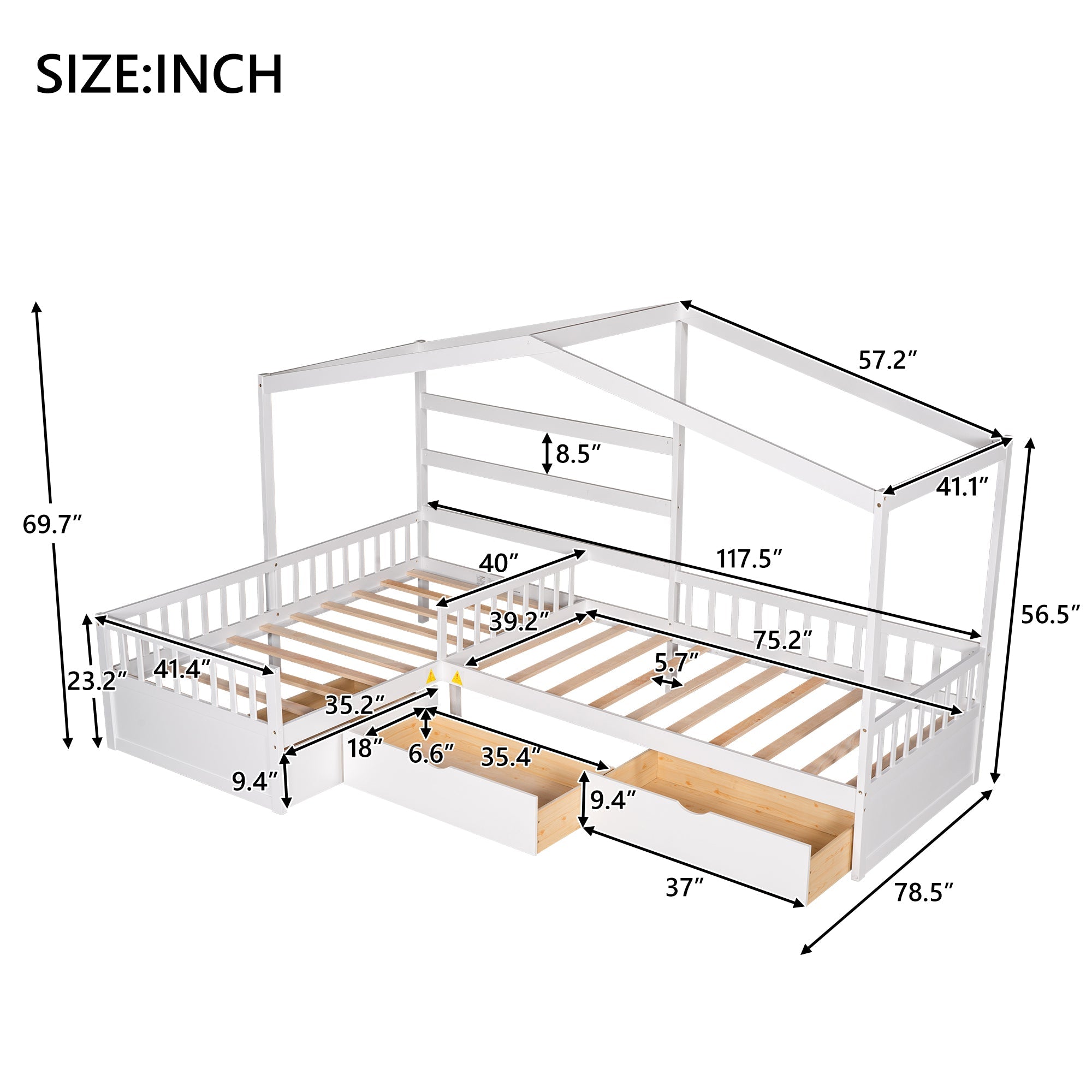 Wood Twin Double House Bed with Three Drawers for Kids, White