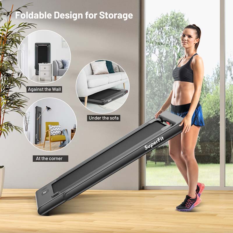 2 in 1 Folding Treadmill, 2.25HP Under Desk Electric Treadmill, Portable Walking Running Machine with Dual Display & Smart App Control