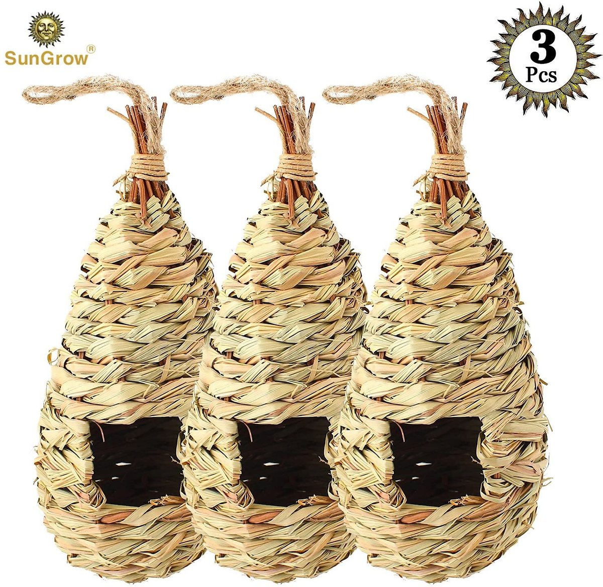 SunGrow Woven Nest， Food Feeder， Cage Accessory， Outdoor Hanging Finch and Hummingbird Bird House