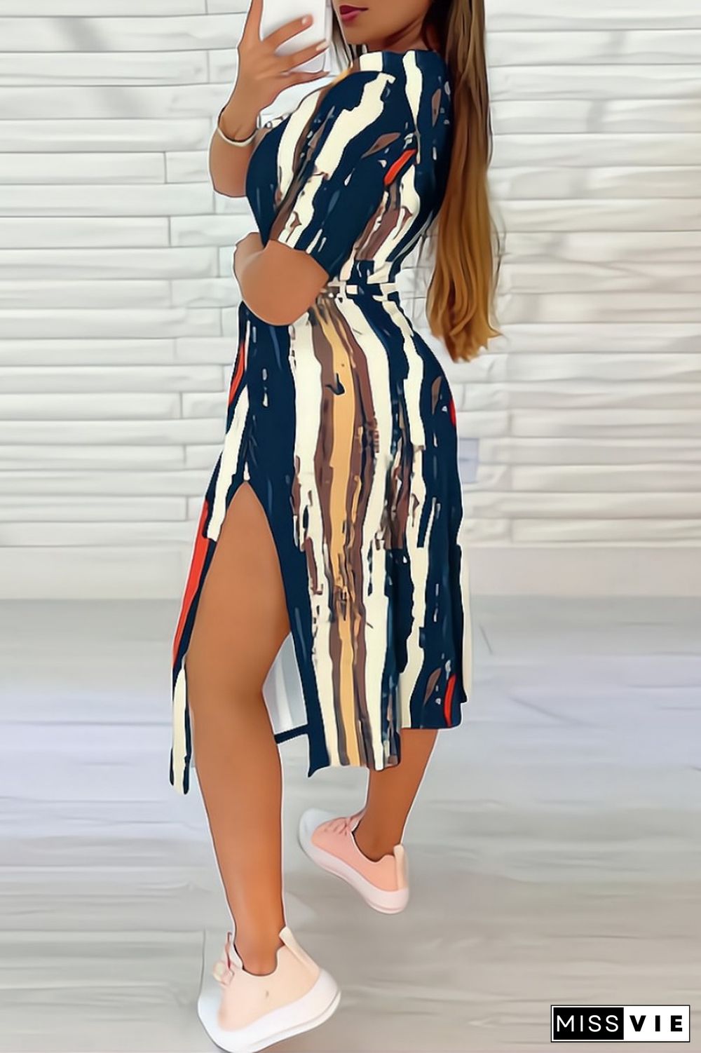 Yellow Casual Print Slit O Neck Short Sleeve Dress