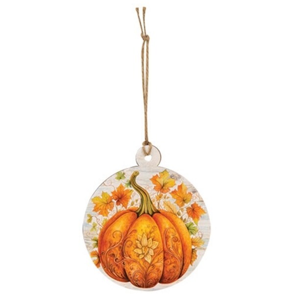 Floral Pumpkin Round Wooden Ornament 3 Asstd.