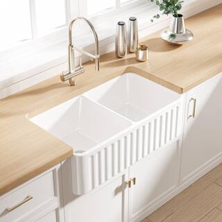 Eridanus Brooklyn Crisp White Fireclay 33 in. Double Bowl Farmhouse Apron Kitchen Sink with Bottom Grid ERI-FS-116D