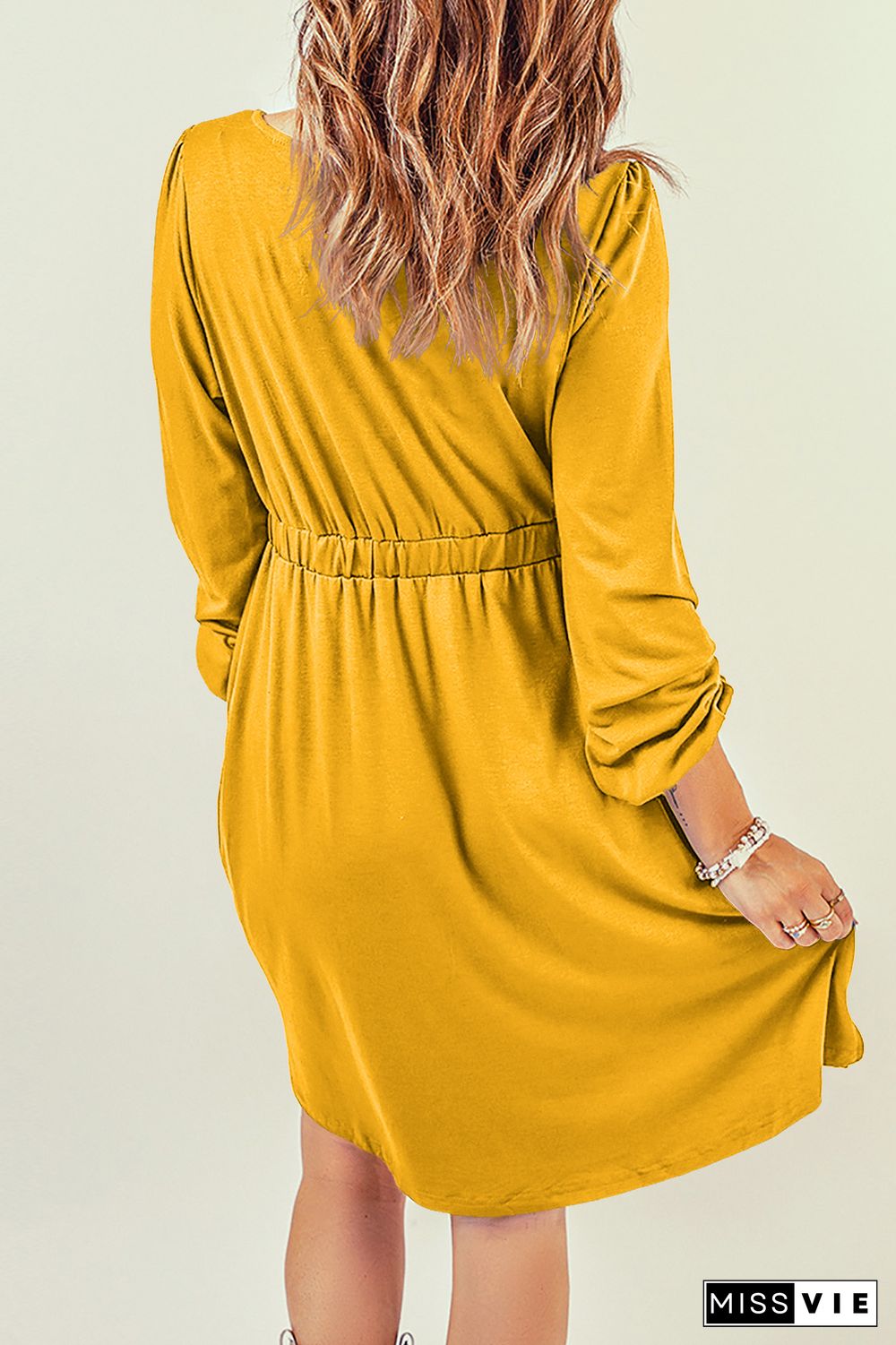 Yellow Button Up High Waist Long Sleeve Dress