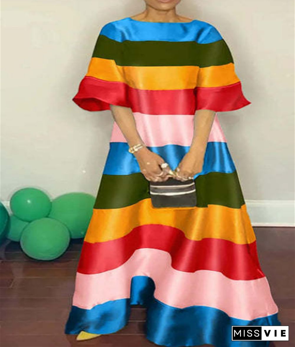 Rainbow Stripe Short Sleeve Loose Maxi Dress