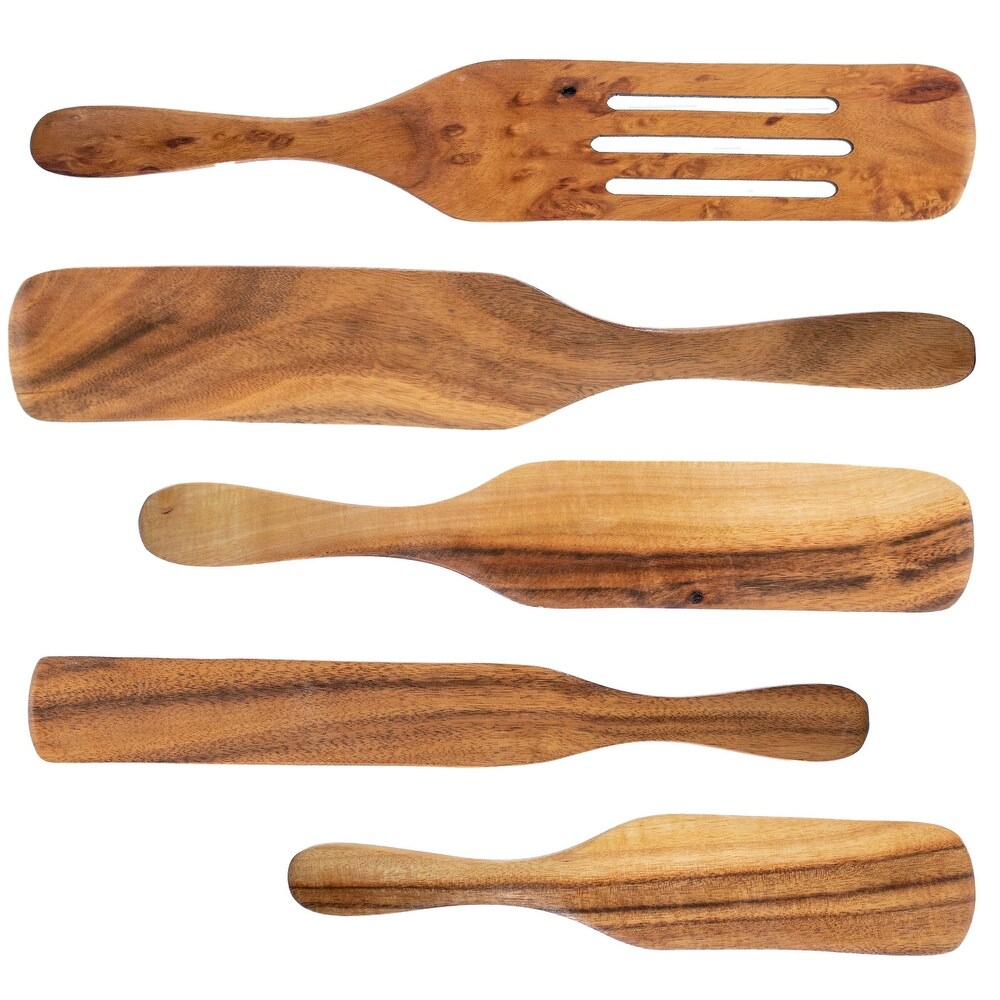 Spurtle Spoon Spatula Utensil   5pc Set Teak Wood   Non Stick Wooden Cookware   Stir  Scrape  Flip  Drain  Fold   Smash.   Large