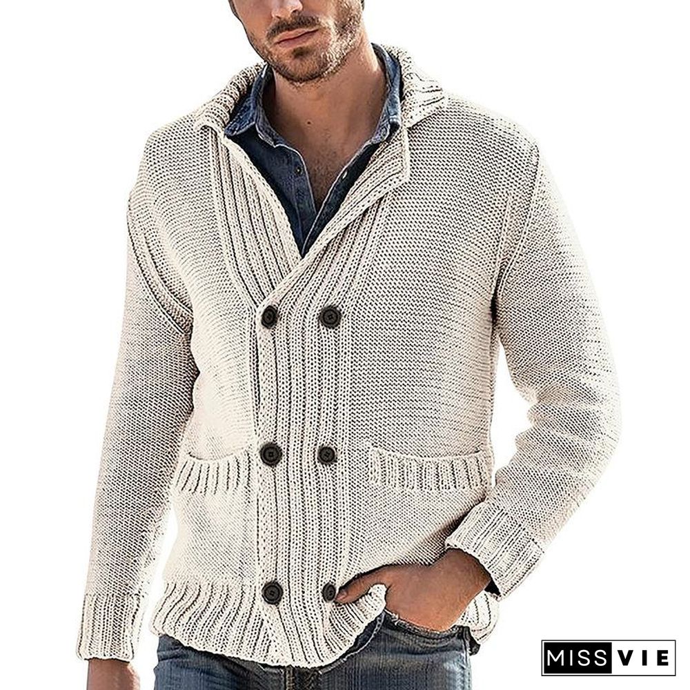 Cardigan Men's Fashion Solid Color Lapel Long Sleeve Knitted Coat