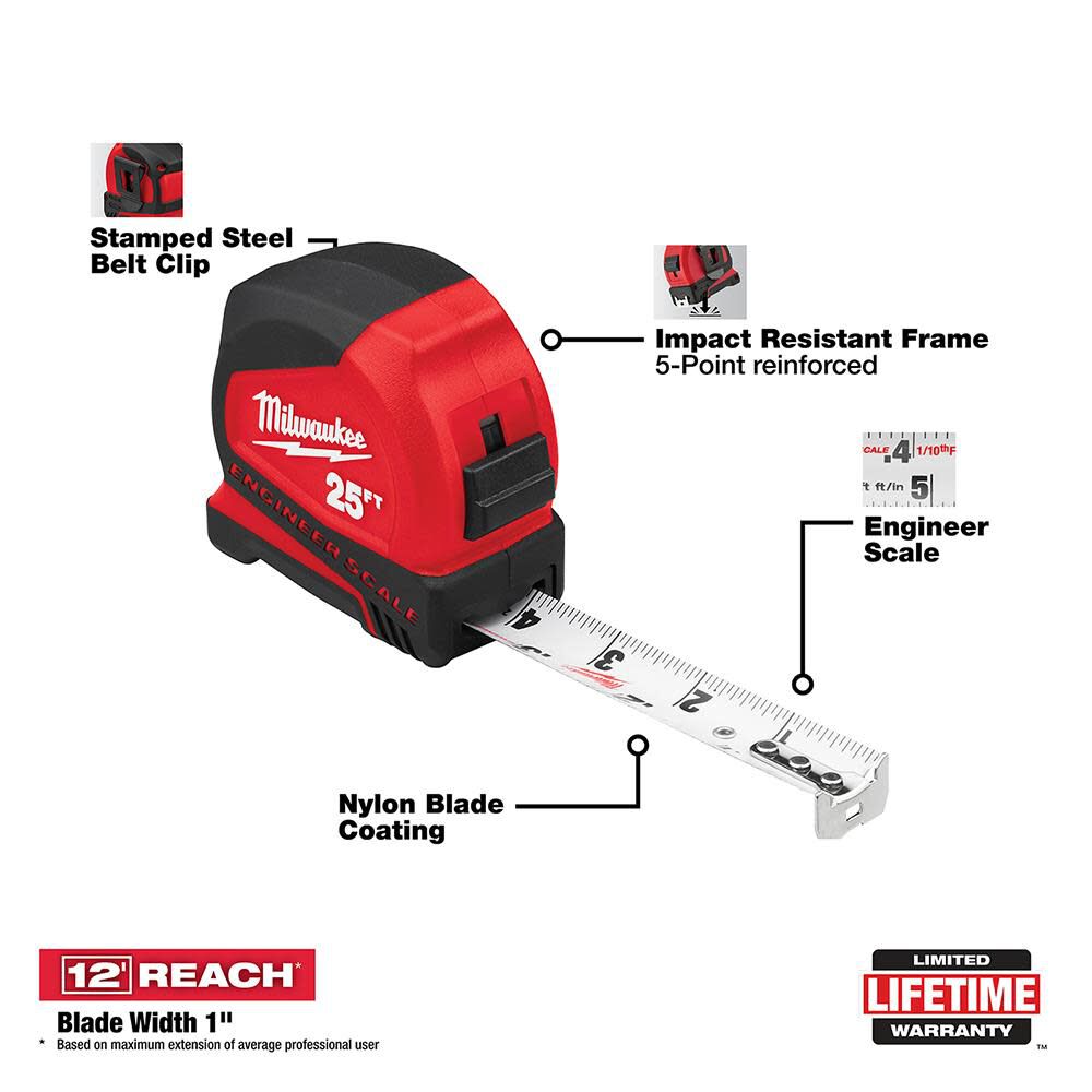 Milwaukee 25' Compact Tape Measure with Engineer Scale 48-22-6625E from Milwaukee