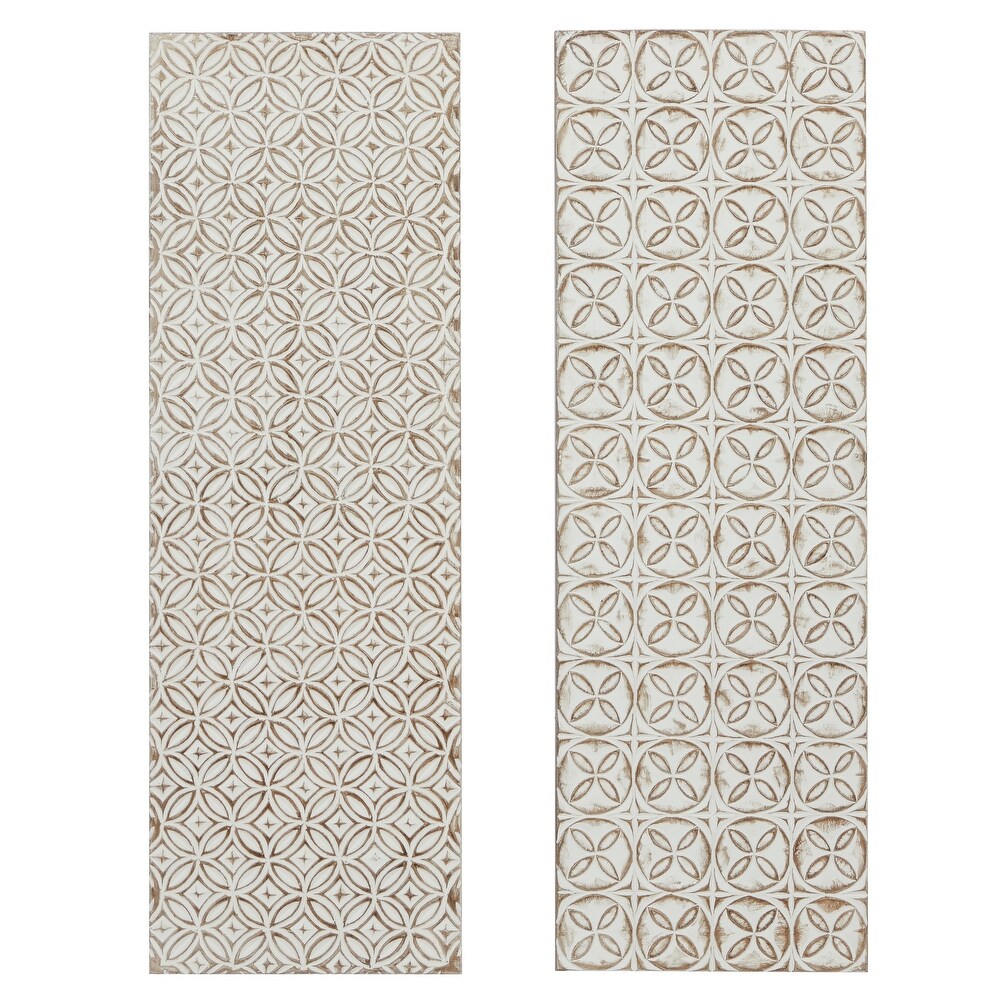 White Wooden Intricately Carved Geometric Wall Decor (Set of 2)