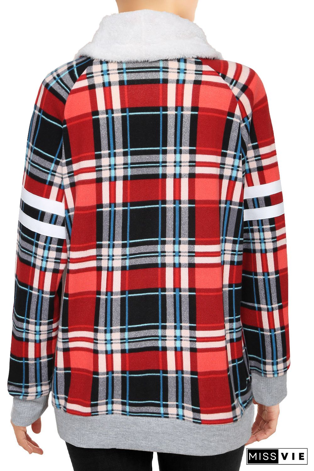 Buffalo Plaid Print Sherpa Patchwork High Neck Sweatshirt