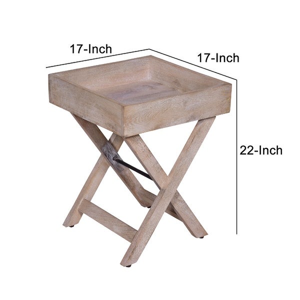 22 Inch Farmhouse Mango Wood Square Tray to p End Table， X Shape Foldable Frame