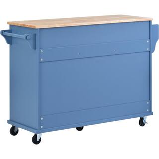 Blue Rubber Wood Desktop 53 in. W Kitchen Island on 5-Wheels with Storage and 5-Drawers MMuunea-01