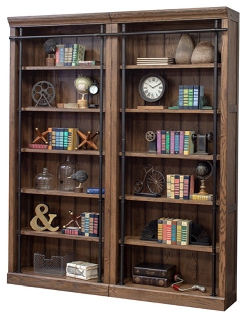 Bowery Hill 2 pc 5 Adjustable Shelf Tall Modern Wood Bookcase in Oak   Industrial   Bookcases   by Homesquare  Houzz