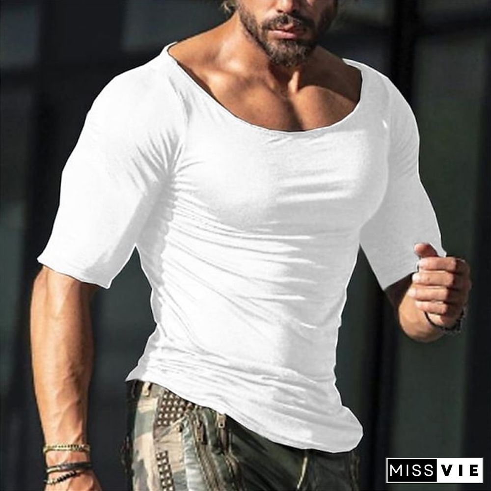 Men's T shirt Tee Plain Boat Neck Casual Holiday Short Sleeve Clothing Apparel Cotton Sports Fashion Lightweight Big and Tall