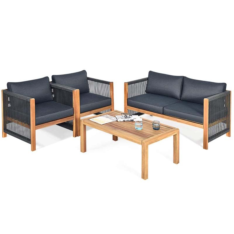 4 Pcs Acacia Wood Outdoor Loveseat Sofa Set with 2 Single Chairs & Coffee Table, Cushions