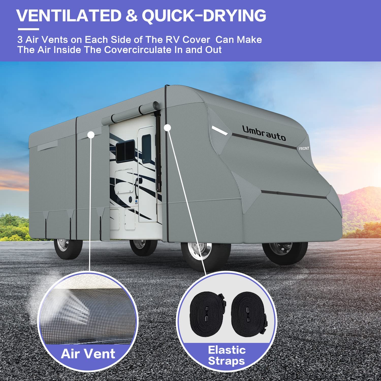 Umbrauto RV Cover Class C 2022 Upgraded 6 Layers Anti-UV Top Panel Motorhome Cover Windproof Camper Cover for 26' to 29' Motorhome with 2Pcs Extra Straps， Adhesive Repair Patches， 6 Gutter Covers