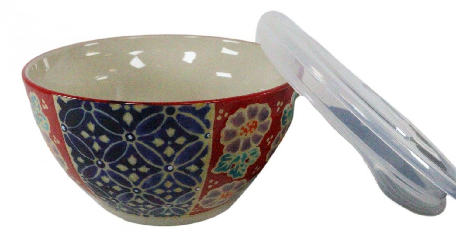 1 Set of 2 Ceramic Blue Red Floral Patterns Portion Meal Bowls 3 Cups W/ Lid EBR02