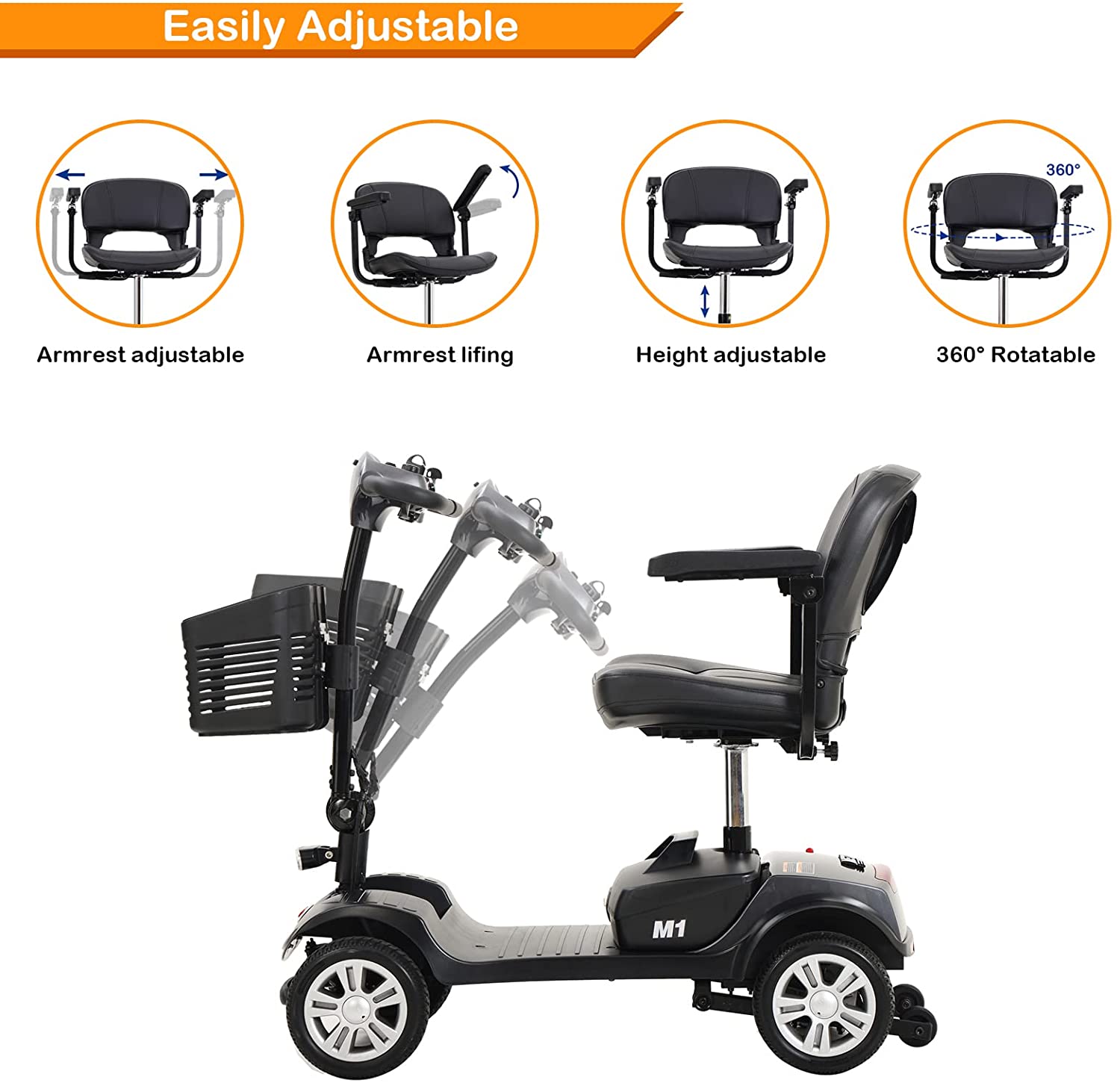 4 Wheel Folding Electric Mobility Scooter for Seniors Grey