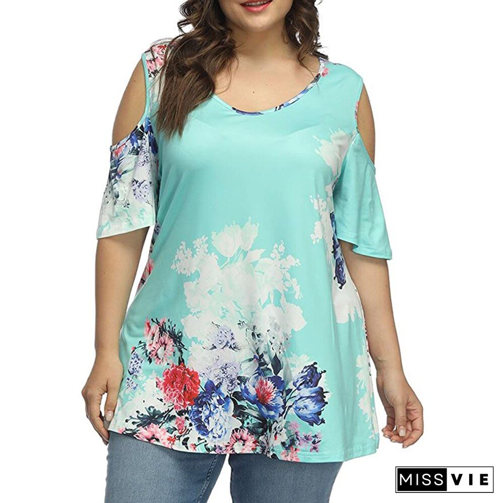 5XL Plus Size Women Floral Print Round Neck Tops and Blouse Lady Hollow Out Half Sleeve Summer Casual Female Loose T Shirts D30