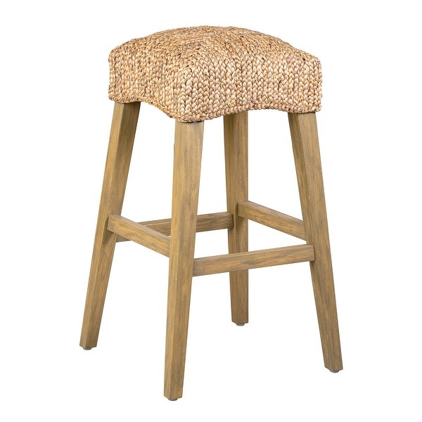 Natural Woven Water Hyacinth Bar Stool with Mahogany Legs - Set of 2 - 15.5