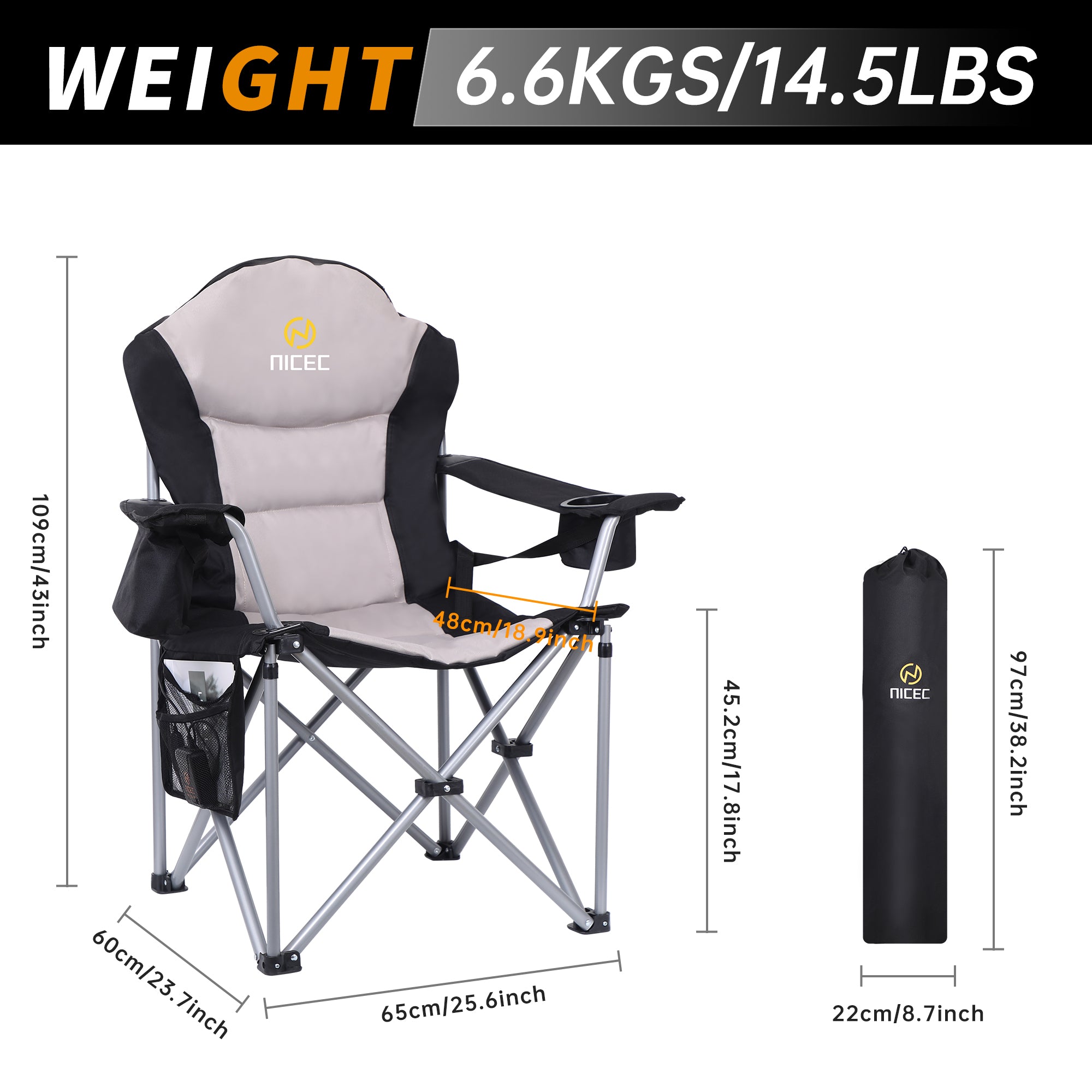 Nice C Heated Camping Chair， Heated Chair， Beach Chair， Folding Chair， Extra WideandThick Padding， Heavy Duty with Cooler， Armrest， Carry Bag， Cupholder and Side Pockets (Set of 1)