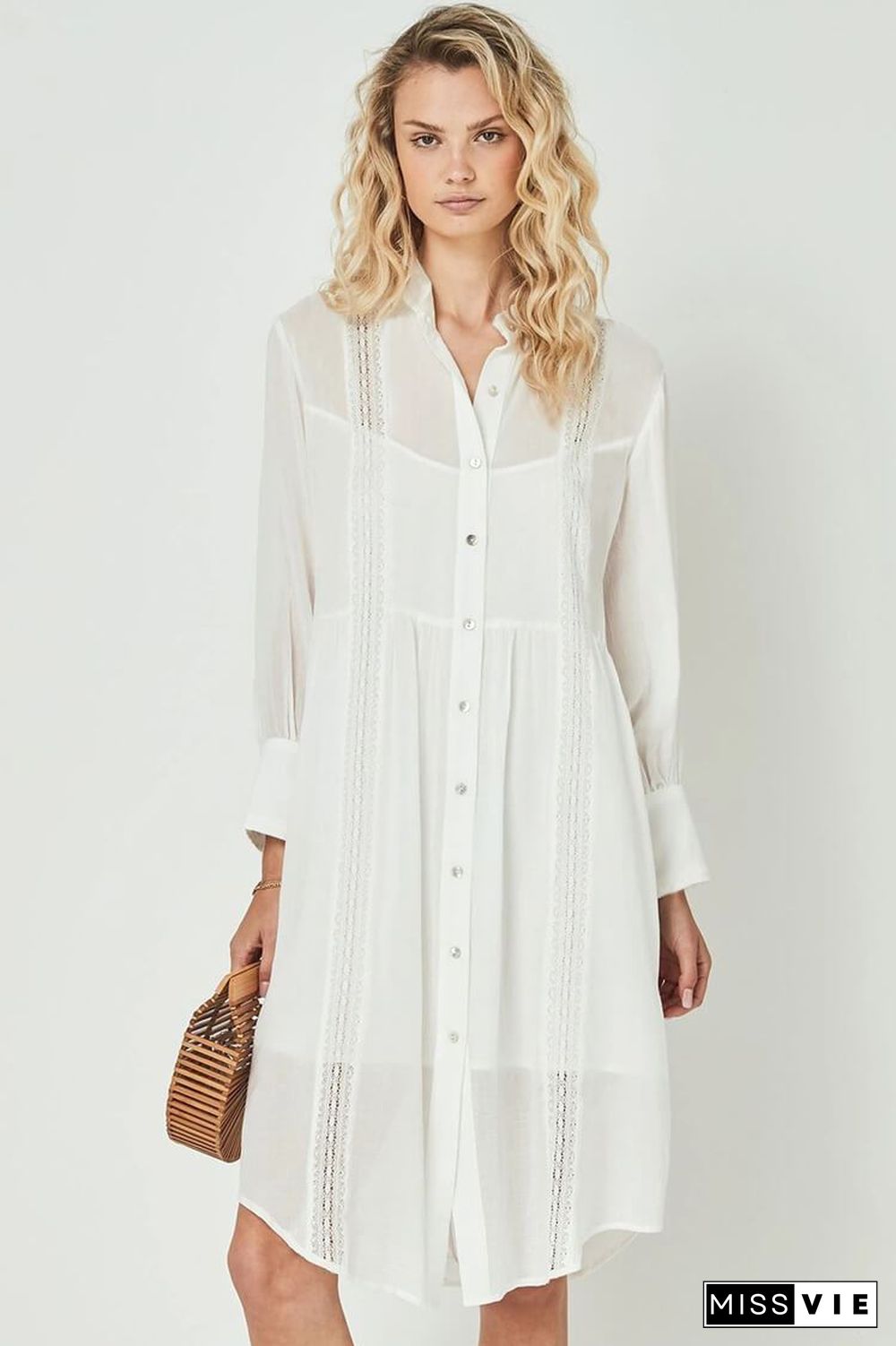 Sleeved Button Front Crochet Trim Sheer Cover Up