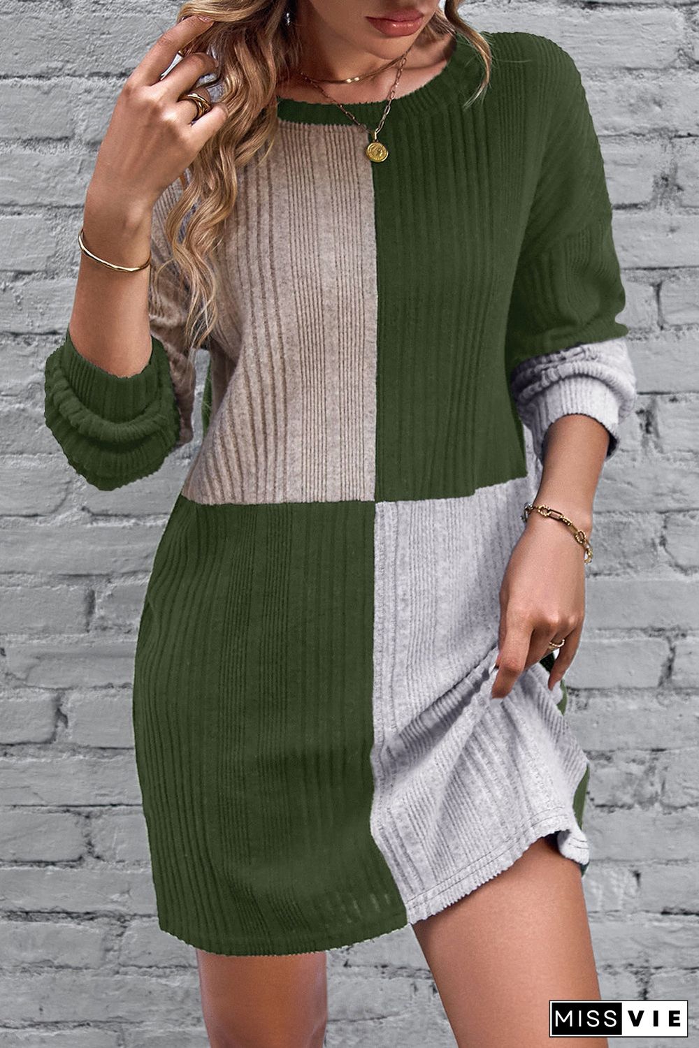 Ribbed Color Block Drop Shoulder Long Sleeve Mini Dress