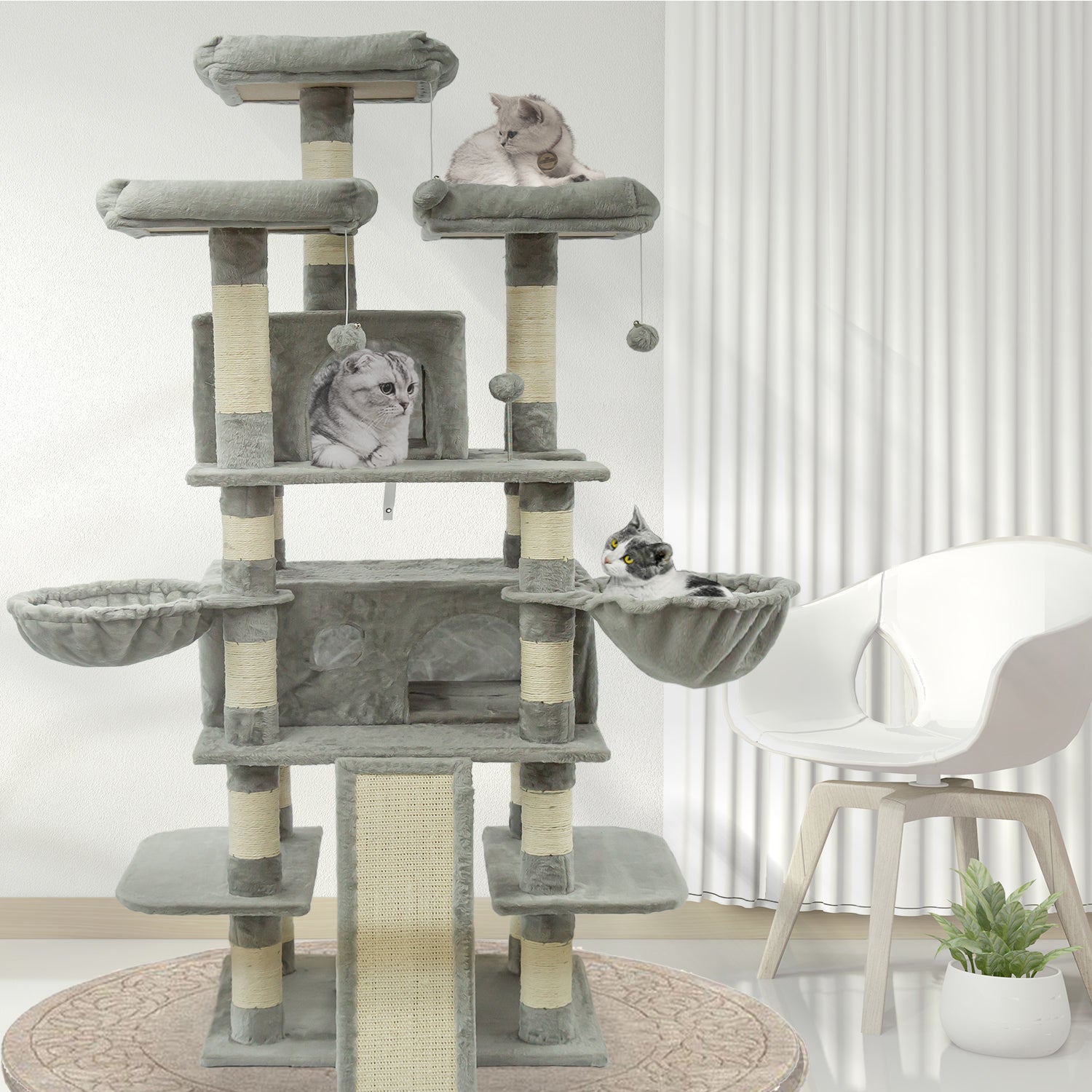 68 Inches Multi-Level Cat Tree Large,Big Cat Tower with Sisal Scratching Posts,Grooming Arch,Cozy Plush Cat Perches and Hammocks,Cat Activity Center Cat Condo Play House(Gray)