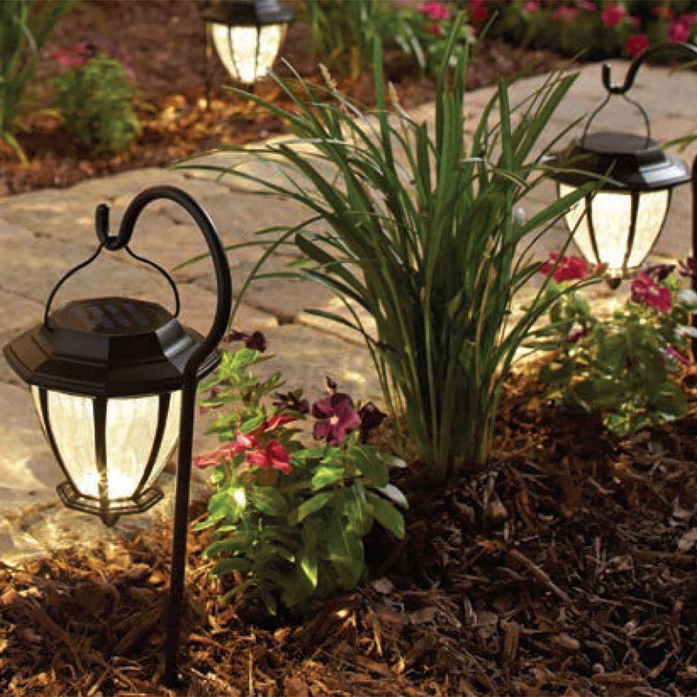 Hampton Bay Solar Matte Black Outdoor Integrated LED Shepard Hook Landscape Path Light with Hammered Lens (4-Pack) 93603