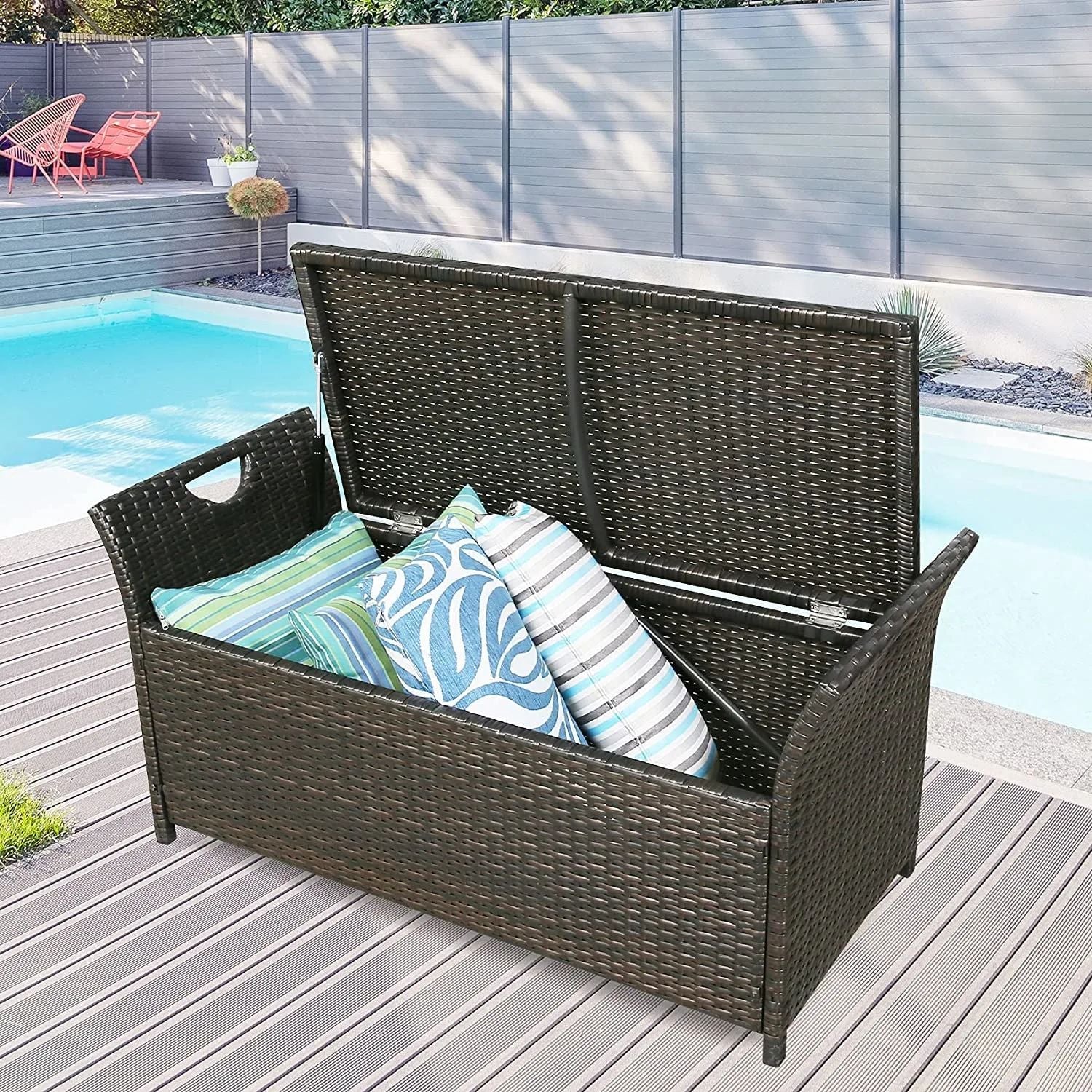 Docooler Patio Wicker Storage Bench Outdoor Rattan Deck Storage Box with Red Cushion